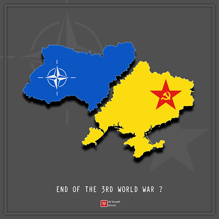 طرح گرافیگی مفهومی از پایان جنگ جهانی سوم و تقسیم اوکراین بین روسیه و ناتو
