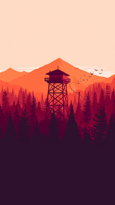 والپیپر برج دیدهبانی چوبی با چراغ روشن در میان جنگل کاج با تم نارنجی، کیفیت 4k، نسخه موبایل