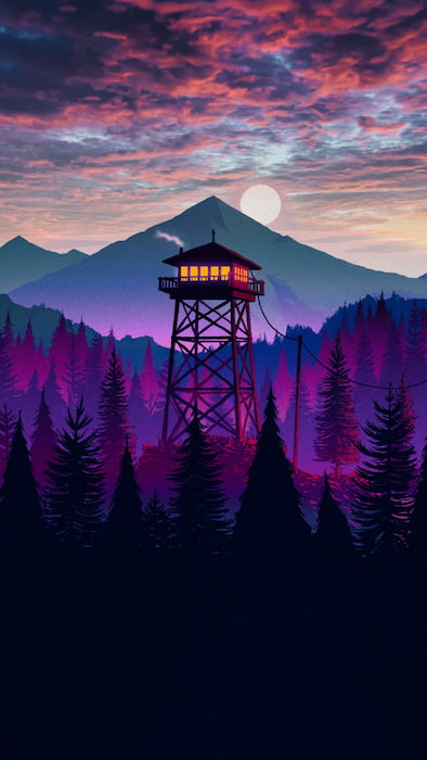 والپیپر برج دیدهبانی چوبی با چراغ روشن در میان جنگل کاج با تم بنفش، کیفیت 4k، نسخه موبایل