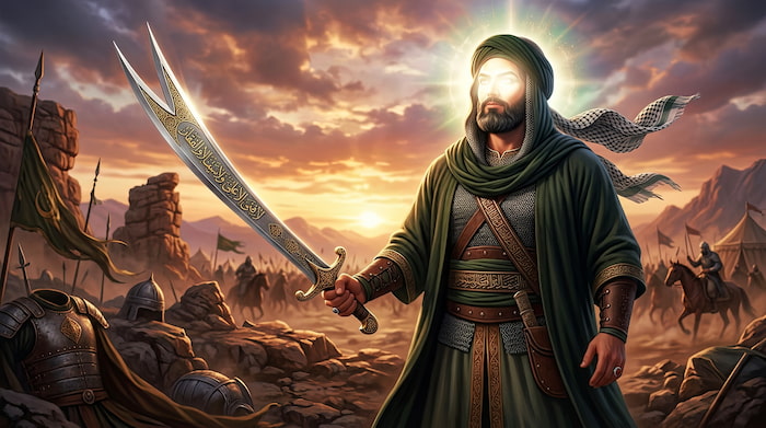 والپیپر خاص شمشیر ذوالفقار در دستان امام علی (ع) با کیفیت 4k برای کامیپوتر
