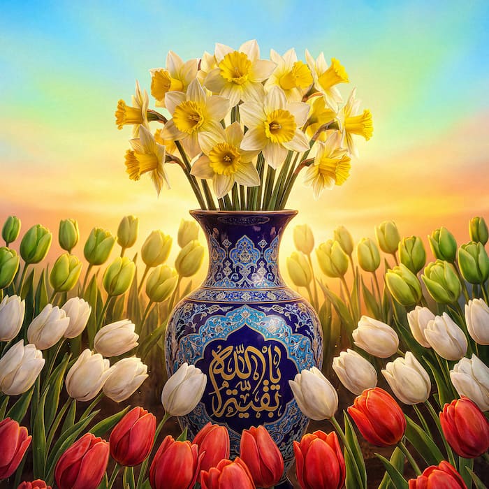 عکس پروفایل خاص پرچم ایران با گلها و شعار بقیه الله