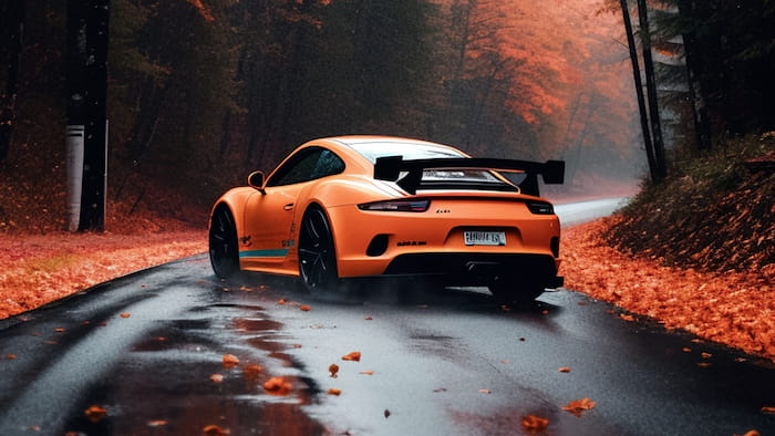 والپیپر ماشین پورشه 911 نارنجی با تم پاییزی برای کامپیوتر با کیفیت 8k