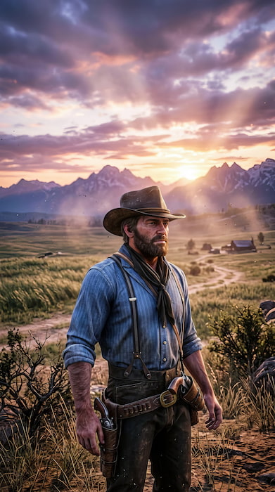 والپیپر جذاب آرتور مورگان در غروب خورشید با کیفیت 4k برای موبایل