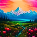 والپیپر طبیعت فانتزی با رودخانه، گل‌های سرخ و کوه‌های برفی با تم نقاشی