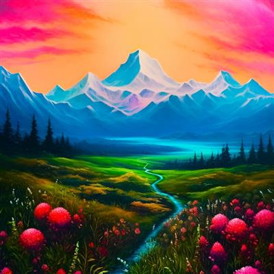 والپیپر طبیعت فانتزی با رودخانه، گل‌های سرخ و کوه‌های برفی با تم نقاشی
