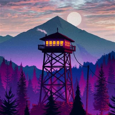 والپیپر برج دیده‌بانی چوبی با چراغ روشن در میان جنگل کاج، با پس‌زمینه کوه‌های بلند، ماه و تم بنفش