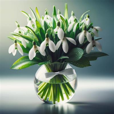 والپیپر زیبای دسته گل سفید در گلدان شیشه‌ای با قطره‌های آب