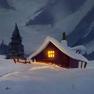 والپیپر دارک کلبه در جنگل برفی با تم نقاشی و زمستانی