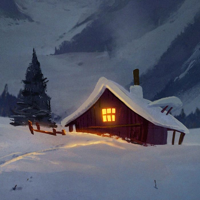 والپیپر دارک کلبه در جنگل برفی با تم نقاشی و زمستانی